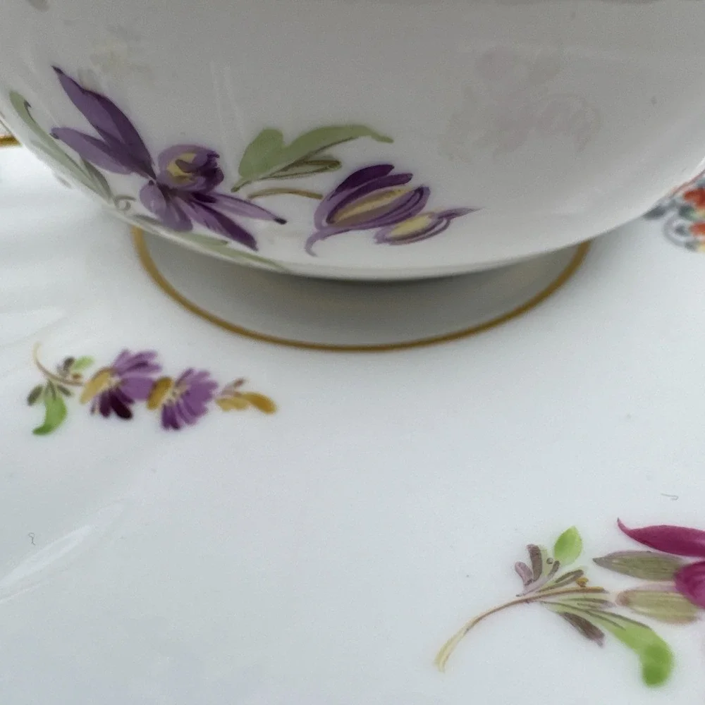 Meissen Flat Cup & Saucer Set Chinoiserie X Mark Crossed Swords Floral AS IS Vtg